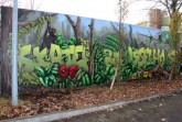 Auf der Rückseite der Betonwand zur Skate-Anlage an der Grundschule Isselhorst ist jetzt auf 55 Quadratmetern ein weiteres Kunstwerk entstanden. Foto: Graffito Skate Park Isselhorst