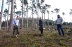 Unterstützung der Initiative „Jetzt Aufforsten“ werden Bäume im NGP gepflanzt: (v.l.) Vincent Kinzel (Forstwirt und Gründer der Initiative „Jetzt Aufforsten“), Landrat Dr. Axel Lehmann und Daniel Lühr (Projektleiter Naturschutzgroßprojekt Senne und Teutoburger)