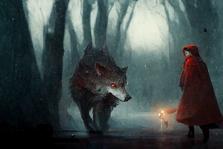 Rotkäppchen trifft den Wolf im dunklen Wald (KI-Kunstwerk © Märchenmuseum Bad Oeynhausen)