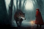 Rotkäppchen trifft den Wolf im dunklen Wald (KI-Kunstwerk Märchenmuseum Bad Oeynhausen)